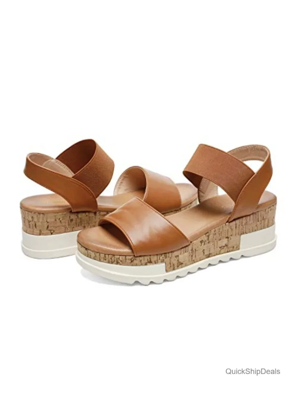 Faux Leather Wedge Platform Sandals Elastic Straps Cushioned Footbed